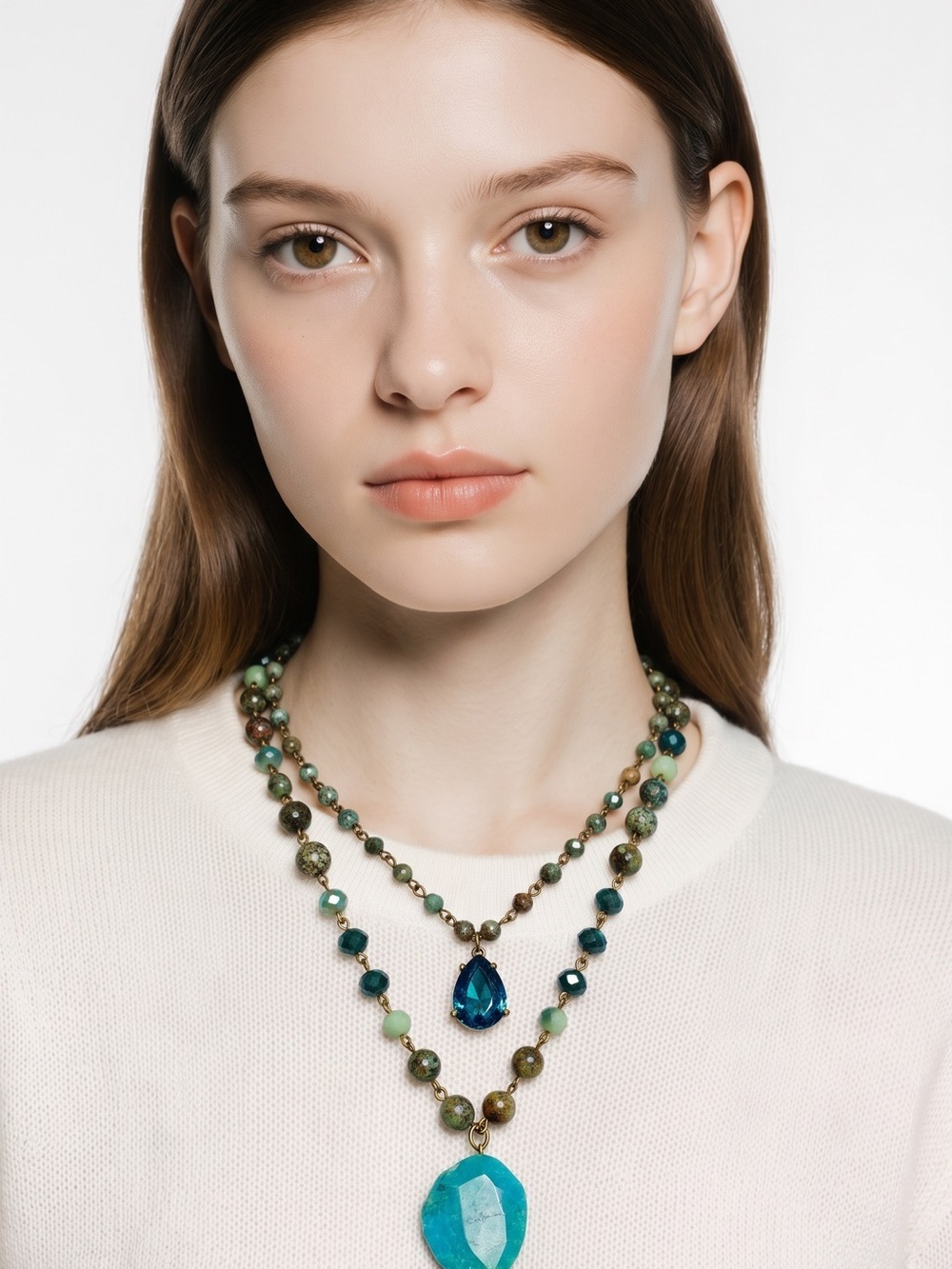 Layered Teal & Emerald Stone Pendant Necklace